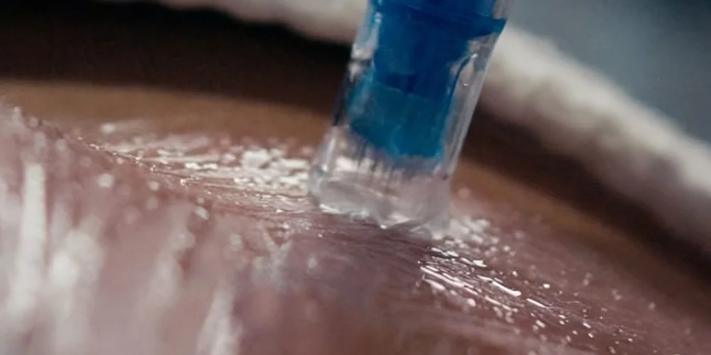 A close-up of a microneedling device with a blue tip being applied to a person’s skin, clear gel visible on the surface—an advanced treatment at a klinika medycyny estetycznej specializing in medycyna estetyczna Wrocław.