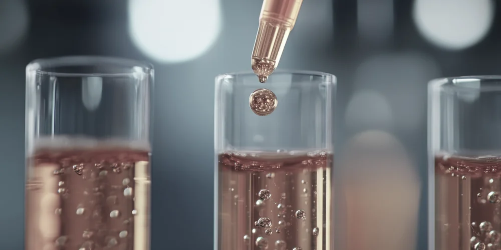 A close-up of a pipette releasing a drop of liquid into a test tube filled with a sparkling pink solution, symbolizing the precision of medycyna estetyczna Wrocław, with bubbles rising inside the tube against a blurred background.