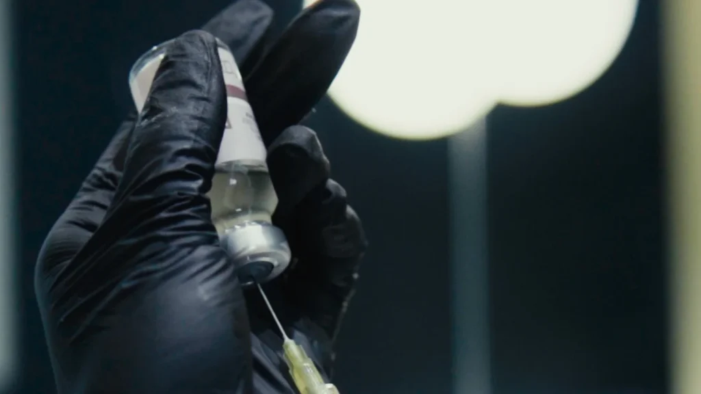 A hand in a black glove holds a vial upside down and inserts a syringe needle into it, preparing to draw liquid—an everyday scene at a klinika medycyny estetycznej. The blurred background features soft circular lights.