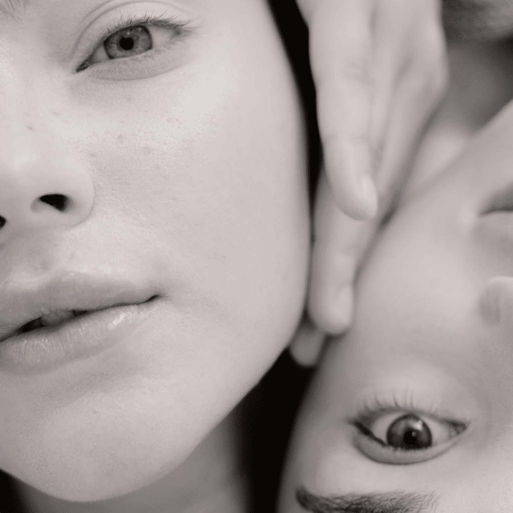 Close-up, black-and-white image of two faces, one upright and one upside down, with soft lighting highlighting their skin—reflecting the serene results offered by medycyna estetyczna Wrocław. One face is gently touching the other's head; both appear calm and serene.