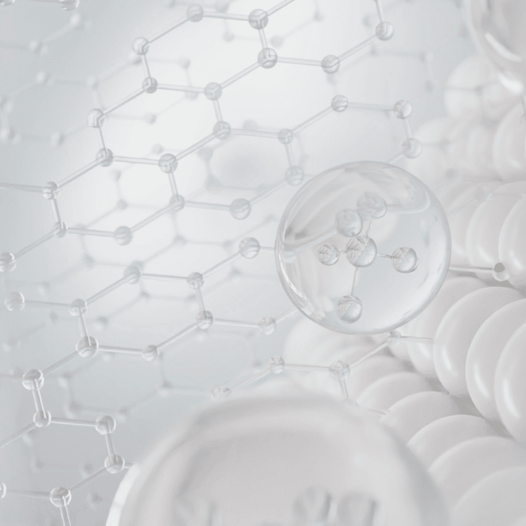 Transparent spheres containing molecular structures float among white, round shapes and a hexagonal grid pattern, evoking themes of molecular science, nanotechnology, or biotechnology—ideal for a klinika medycyny estetycznej or medycyna estetyczna Wrocław.