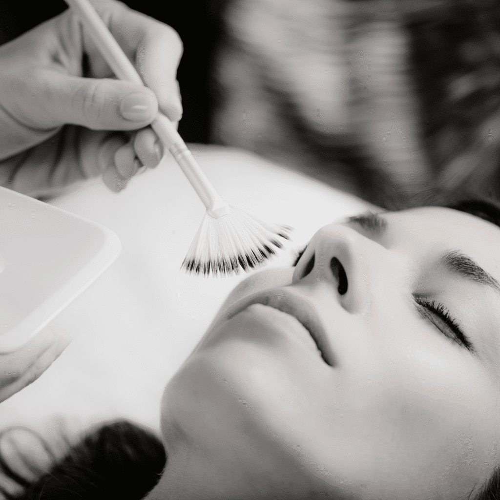 A person lies with eyes closed while another hand gently applies a facial mask, highlighting the soothing experience of medycyna estetyczna Wrocław in a professional klinika medycyny estetycznej.