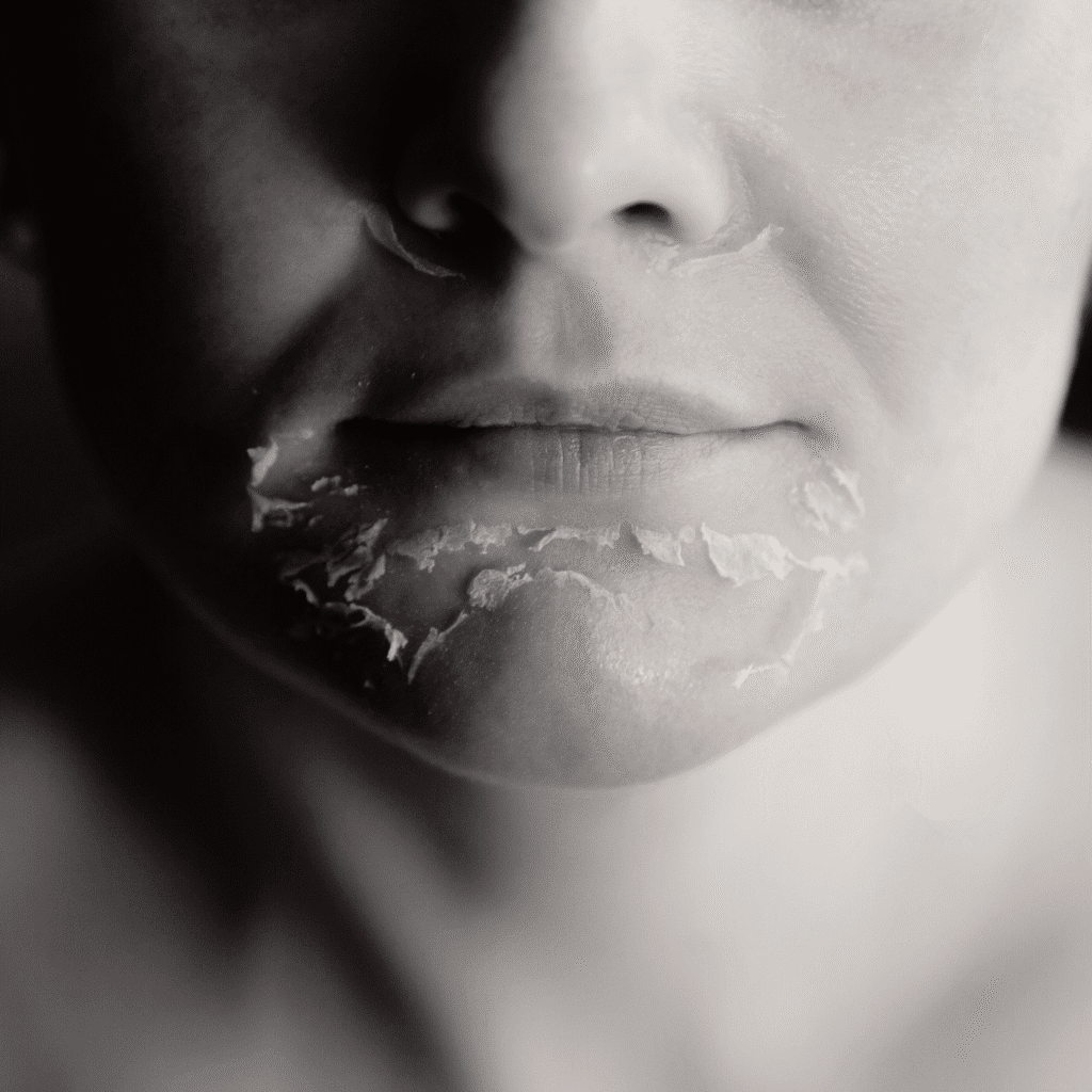 A close-up black and white photo of a person's lower face and chin with peeling, flaky skin, possibly from dryness or irritation, often seen in those seeking medycyna estetyczna Wrocław treatments at a klinika medycyny estetycznej.