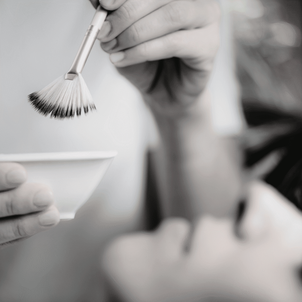 A person holds a small bowl and a fan brush, gently applying a cosmetic treatment to another’s face—an elegant moment captured at a klinika medycyny estetycznej.