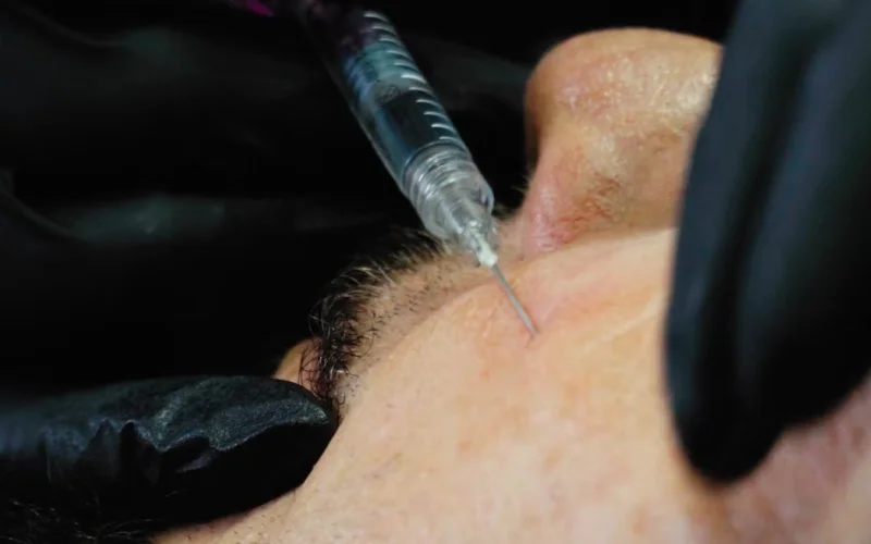 A close-up of a person’s face receiving an injection with a syringe near the cheek, while someone wearing black gloves holds their skin—an example of medycyna estetyczna Wrocław at a professional klinika medycyny estetycznej.