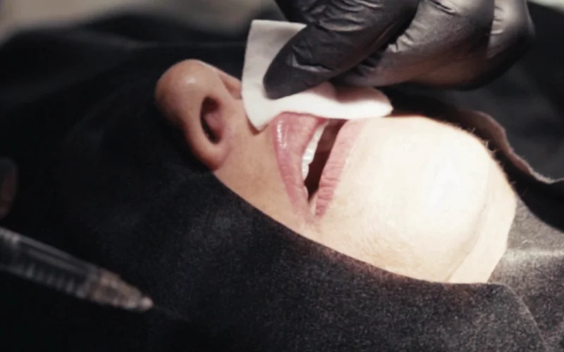 A close-up of a person’s face, partially covered, with a gloved hand holding a cotton pad to their upper lip and a syringe nearby, hints at powiększanie ust Wrocław in a klinika medycyny estetycznej.