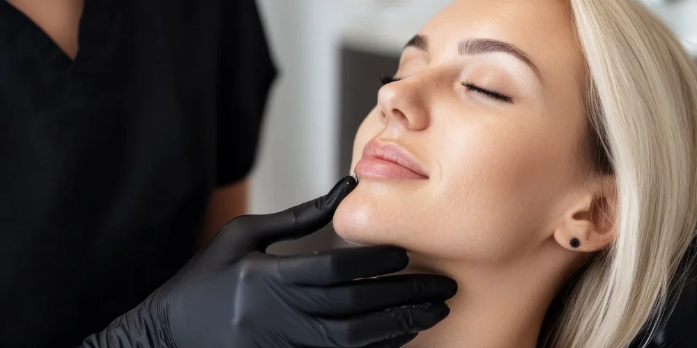 A person with closed eyes is gently touched on the chin by a gloved hand, possibly during a powiększanie ust wrocław procedure. The atmosphere appears calm and professional, reflecting the standards of a top klinika medycyny estetycznej.